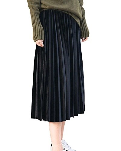 Womens Plus Size Midi Pleated Long Casual Skirt Elasticated Waist Black 2XL