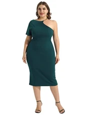 Women's Plus Size One Shoulder Bodycon Dress Knee Length Dress Flared Midi Skirt Party Clubwear Dark Green XL Women's Plus Size One Shoulder Bodycon Dress Knee Length Dress Flared Midi Skirt Party Clubwear Dark Green XL