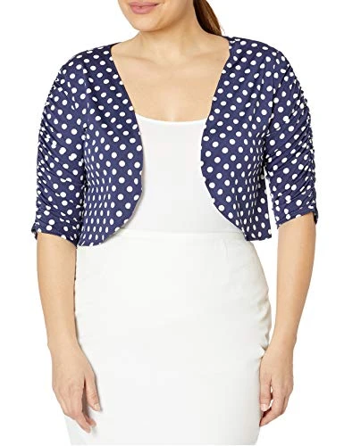 Women's Plus-Size Rouched Sleeve Short Bolero Jacket Shrug Sweater, Navy/White Dot, 2X