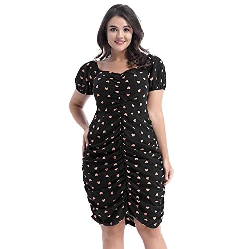 Women's Plus Size Ruffled Bodycon Mini Dress Heart Printed Casual Midi Skirt Party Clubwear Black XL