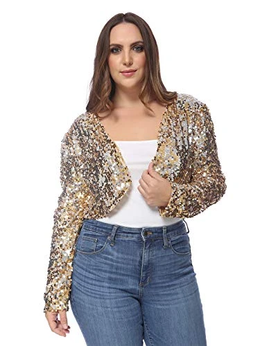 Women's Plus Size Sequin Embellished Long Sleeve Bolero Blazer Shrug, Gold, X-Large