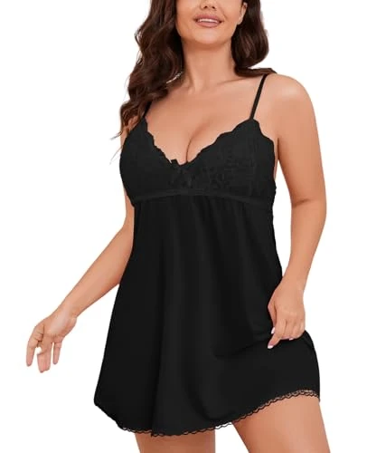 Womens Plus Size Sexy Nightgowns Dresses with Side Slit Lace Babydoll Lingerie Strap Dress Romanctic Nighty Sleepwear (Black 3XL)