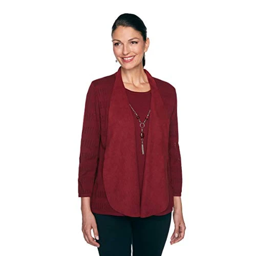 Women's Plus-Size Smart Beaded Diamond Layered Sweater with Woven Details Cardigan, Merlot, 3X