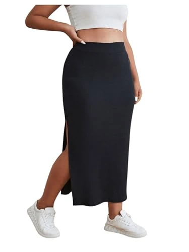 Women's Plus Size Split Thigh Pencil Midi Skirts High Waisted Knitted Casual Long Skirt Black 1XL