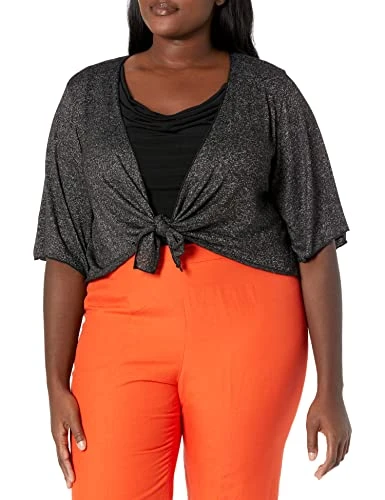 Women's Plus-Size Stretch Hacci Knit Tie-Front Shrug Sweater, Black/White, 1X