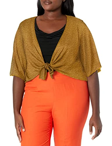 Women's Plus-Size Stretch Hacci Knit Tie-Front Shrug Sweater, Mustard/Black, 3X