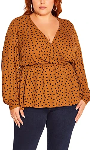 Women's Plus Size TOP Dotty WRAP Dress Shirt, Caramel/BLK SPOT, 14