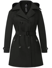 Women's Plus Size Trench Coat Double-Breasted Waterproof Classic Lapel Overcoat Stylish Pea Coat with Belt Black 26