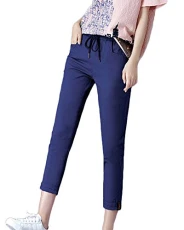 Women's Plus Sizes Casual Drawstring Linen Pants Elastic Waist Straight Leg Trousers Bottoms with Pocket Dark Blue 3XL