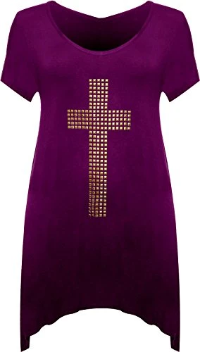 Womens Plus Stud Cross Hanky Hem Tunic Ladies Short Sleeve Long Top - Purple - 18