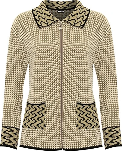 Women's Plus Womens Long Sleeve Knitted Cardigan Ladies Zip Pocket Leopard Collar Jumper Jacket - St