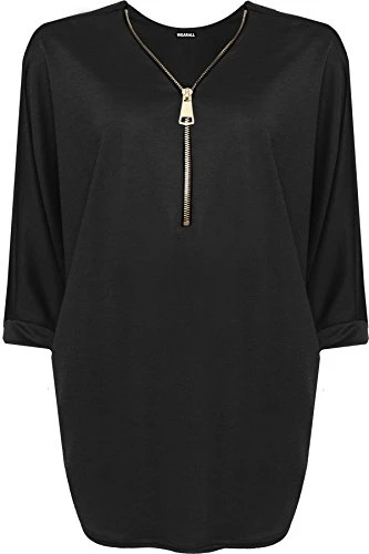 Womens Plus Zip Curved Hem V-Neck Batwing Sleeve Top New Ladies Baggy Blouse - Black - 20-22