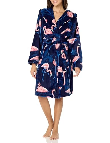 Women's Plush Fleece Robe (Extended Size Range) Bathrobe, Flamingo Party, S-M