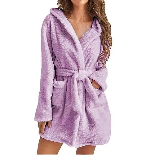 Womens Plush Robe Solid Fluffy Warm Bathrobes Soft Warm Spa Bathrobe Winter Short Robe with Pockets Sleepwear Ladies Dressing Gown with Hood Purple2 Small