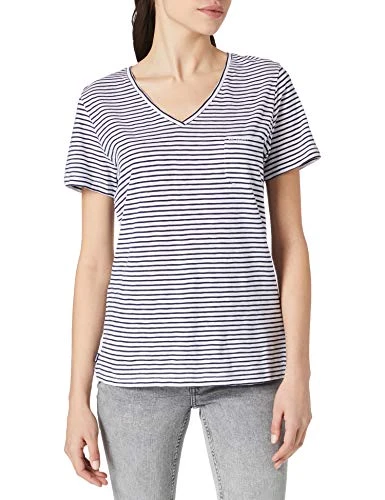 Women's Pocket V Neck TEE T-Shirt, Navy Breton, XX-Small