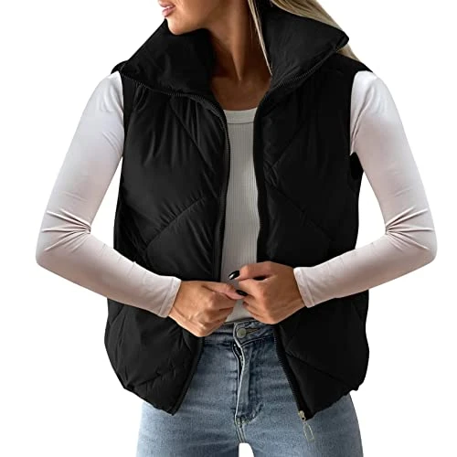 Women's Pockets Full Zip Long Sleeve Quilted Jacket Short Bubble Vest Coats Anorak Women's Quilted V