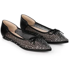 Women's Pointed Toe Bow Rhinestone Mesh Ballerina Flats, Black White, 5 UK