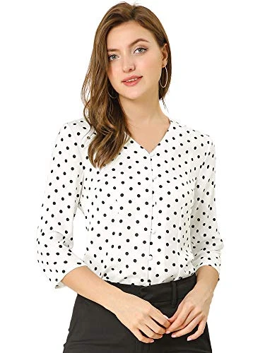 Women's Polka Dots 3/4 Sleeve Button Front Vintage Office Blouse Top, White, M