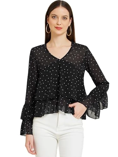 Women's Polka Dots Mesh Tops Blouse Deep V-Neck Long Sleeve Flounce Casual Blouses T-Shirt, black, X