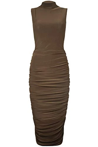 Womens Polo High Neck Midi Ruched Bodycon Dress Brown Plus Size (UK 20/22)