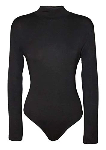 Womens Polo High Turtle Neck Ladies Long Sleeve Stretch Popper Stud Fastening Leotard Bodysuit T-Shi