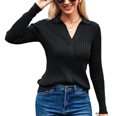 Women's Polo Lapel Neck Pullover Sweater Long Sleeve Casual Wool Knit T Shirt Winter Black M