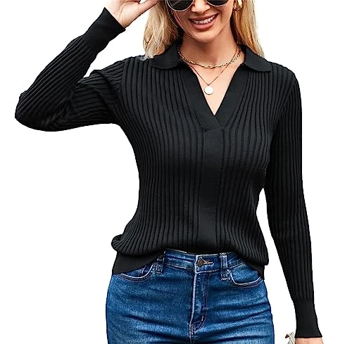 Women's Polo Lapel Neck Pullover Sweater Long Sleeve Casual Wool Knit T Shirt Winter Black M