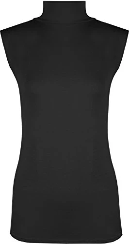Womens Polo Neck Plain Ladies Stretch Sleevless Vest Turtle Bodycon Top - Black - 12/14