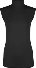 Womens Polo Neck Plain Ladies Stretch Sleevless Vest Turtle Bodycon Top - Black - 12/14