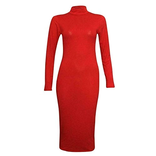 Womens Polo Turtle Neck Long Sleeve Plain Stretch Bodycon Ladies Midi Dress (red, 12-14)