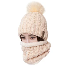 Womens Pom Beanie Hat Scarf Set Girls Winter Ski Hat Slouchy Knit Cap with Fleece Lined (Beige)
