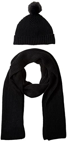 Women's Pom Knit Hat and Scarf Set, Black, One Size