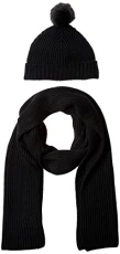 Women's Pom Knit Hat and Scarf Set, Black, One Size