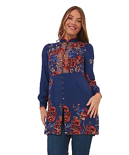 Women's Poppy Print Mandarin Collar Tunic Shirt, Multi, UK 10