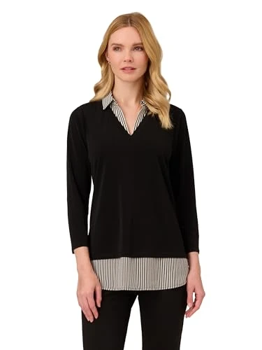 Women's Print 3/4 Sleeve Open V-Neck Knit Twofer, Black W/Black/Ivory Small Stripe, Large