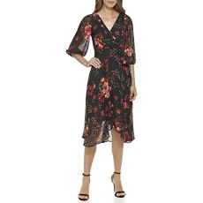 Women's Print Faux Wrap Dress, Blk/Red Floral, 14 Women's Print Faux Wrap Dress, Blk/Red Floral, 14