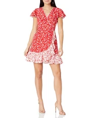 Women's Printed CDC Faux WRAP FIT and Flare Dress with Contrast Ruffle Hem, Red, 10 Petite