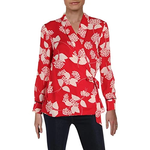 Women's Printed JKT with WRAP TIE Detail and Cuffed Sleeves Blazer, Cherry/Blush, XS