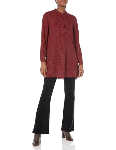 Women's Printed Long Sleeve Popover Blouse, Ruby/Ruby, XXS