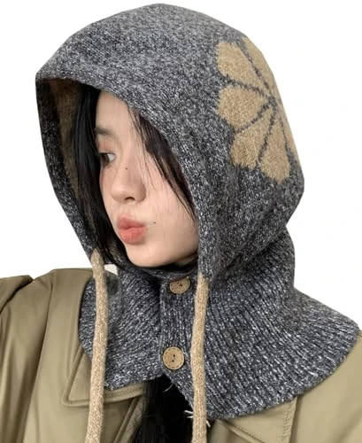 Women's Printed Pattern Multifunctional Knitted Hat Winter Warm Hooded Scarf Multicolour(Dark Gray)