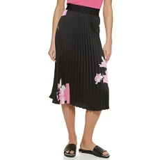 Women's Printed Pull-on Pleated midi Skirt, Black/Fresh Pink, M