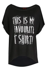 Womens Printed Round Neck Baggy High Low T Shirt Black Womens Printed Round Neck Baggy High Low T Shirt Black