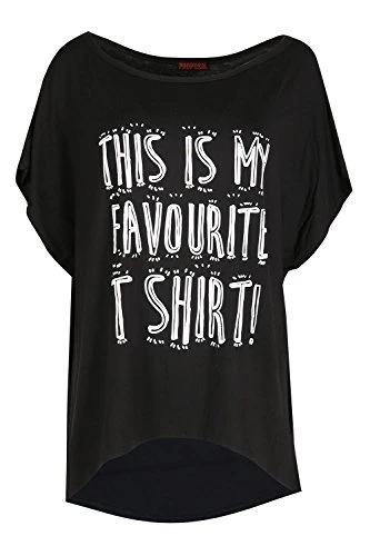 Womens Printed Round Neck Baggy High Low T Shirt Black