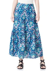 Women's Printed Ruffle Long Skirt, Medium Blue, L