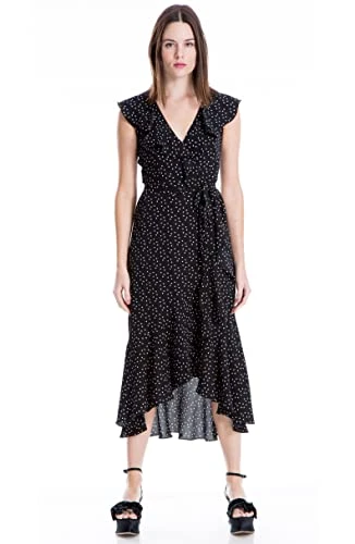 Women's Printed Ruffle Wrap Midi Dress, Black/Off White Medium Scattered Polka Dot, Small