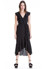 Women's Printed Ruffle Wrap Midi Dress, Black/Off White Medium Scattered Polka Dot, Small