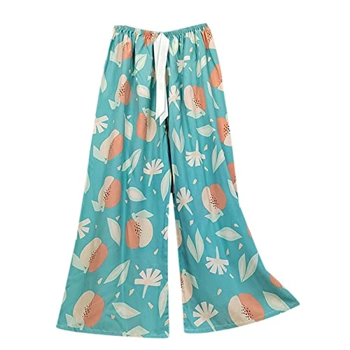 Women's Printed Summer Large Size Loose Breathable Casual Trousers with Wide Leg Artificial Cotton High Waist Trousers Cotton Silk Pyjama Bottoms Bikini Women's Trousers, sky blue, One Size