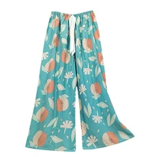 Women's Printed Summer Large Size Loose Breathable Casual Trousers with Wide Leg Artificial Cotton High Waist Trousers Cotton Silk Pyjama Bottoms Bikini Women's Trousers, sky blue, One Size