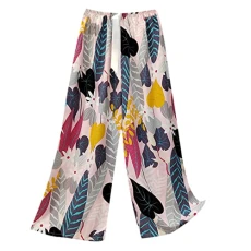 Women's Printed Summer Large Size Loose Breathable Casual Trousers with Wide Leg Artificial Cotton High Waist Trousers Cotton Silk Pyjama Bottoms Trousers Women's Summer Fabric, red, One size