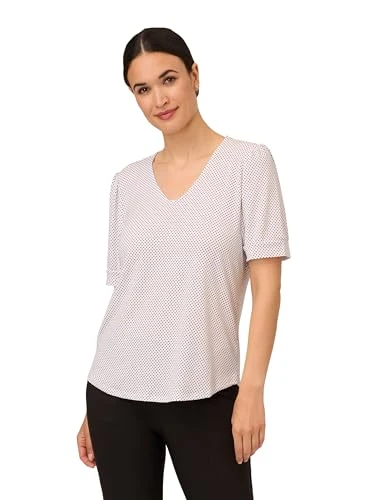 Women's Printed Trapeze V-Neck Top with Elbow Sleeves Blouse, Ivory/Black Small Dot, M